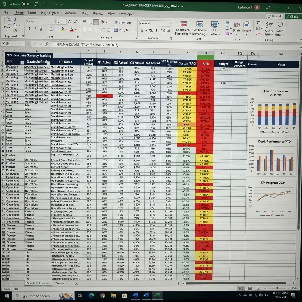 A cluttered strategy spreadsheet with outdated numbers and warning cells